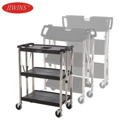 China Commercial Food Transport Supply Cart Foldable Serving Cart Stainless Steel Plastic Foldable Serving Cart For Hotel Restaurant Cafe for sale