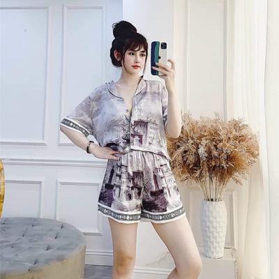 China Hot Selling OEM Custom Wholesale QUICK DRY Short Sleeve Pijamas Mujer Fashion Women's Sleepwear Baju Tidur Silk Pajamas for sale