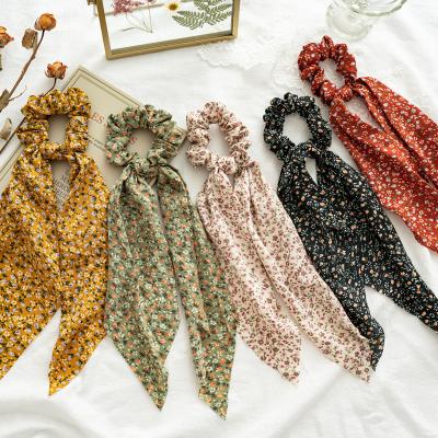 China Soft Warm Comfort Europe Summer Fashion Bow Ties Chiffon Flower Pattern Hair Scrunchies Hair Scrunchies Ponytail Holders For Women Girls Kids for sale