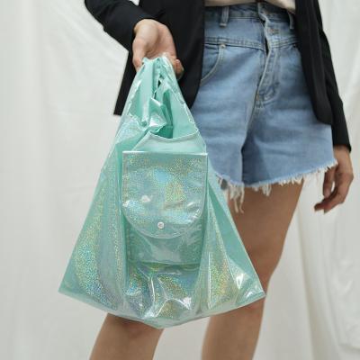 China Customized Exquisite Soft PVC Folding Urban Style Logo Mirror Fashion Sky Blue Case Shiny Material Handbag Large For Woman Shopping Bags for sale