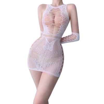 China 2022 Hollowed-out Net Garment Underwear Set White Sexy Hot Breathable Wrap Hip Uniform Skirt Perspective Socks for sale