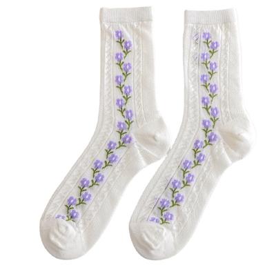 China Hot Selling Purple Floral Net Girls Breathable JK Fleece Socks Summer Lovely Soft White Socks And Sensitive Girl Breathable Socks for sale