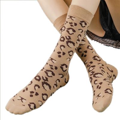 China Ladies street style brown leopard print breathable hot selling sexy pattern features soft cotton socks in the middle of tube socks for sale