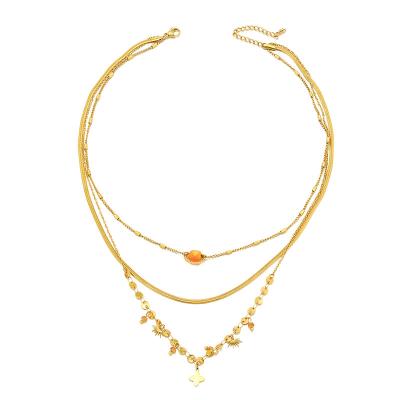 China Fashion halo 18k gold plated not easy to change color flower leaf charm natural stone three layers beaded necklace stainless steel for sale