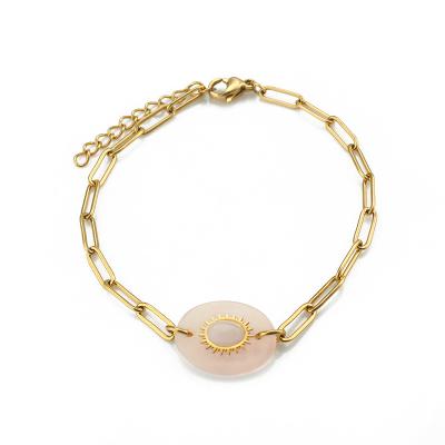 China TRENDY Gold Charm Stainless Steel Rose Quartz Crystal Beads Girl Halo Thin Long Chain Bracelets Bangle for sale