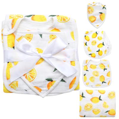 China Lemon Print Breathable Muslin Wrap Wrap Set Newborn Gift Blanket for sale