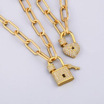 China High Quality Lead Free Nickel Free 18K Gold Plated Full Diamond Heart Lock Pendant Necklace Iced Out Key Lock And Necklace for sale