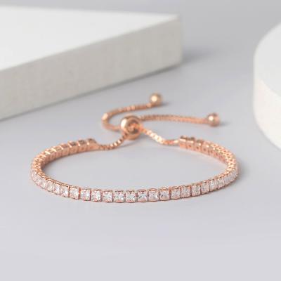 China Trendy 14K 2.5MM Trendy Rose Gold Plated 1 Row Square Cubic Zirconia Shining Diamond Jewelery Tennis Bracelet for sale