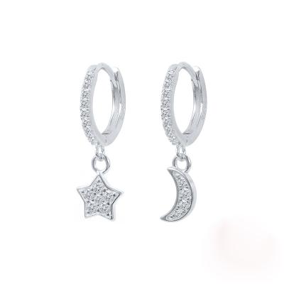 China 2021 HOT Fashion S925 Sterling Silver Star Moon Design Earrings Charm Zirconia Crystal Hoop Earrings for sale