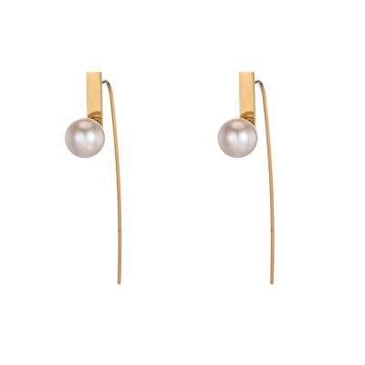 China FASHIONABLE High End PVD 18K Gold Plated Earrings Women Fashion Stainless Steel Pearl Long Drop Earrings for sale