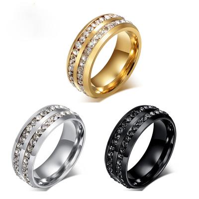 China Vintage Titanium Double Row Zircon Finger Ring Korea Style Fashion Stainless Steel Full Diamond Couple Ring for sale