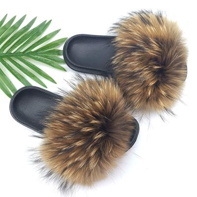 China Fashion Trend Thick Raccoon Fur Slides Summer Real Fluffy Slippers Slide Sandal for sale