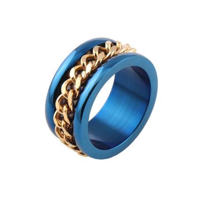 China Stainless Steel Blue Color Heavy Metal Wide Restrictor Chain Ring For Men for sale