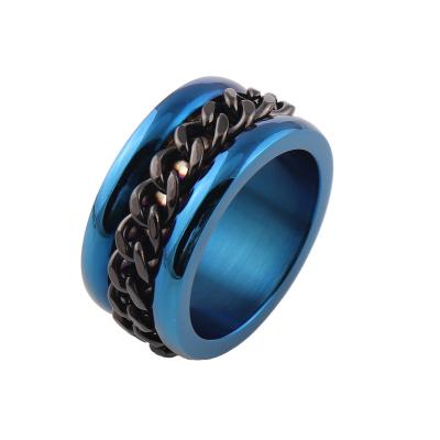 China Fashion Men's Ring High Quality Blue Color Titanium Steel Rings Chain Decorated 316L Stainless Steel Rings For Men for sale