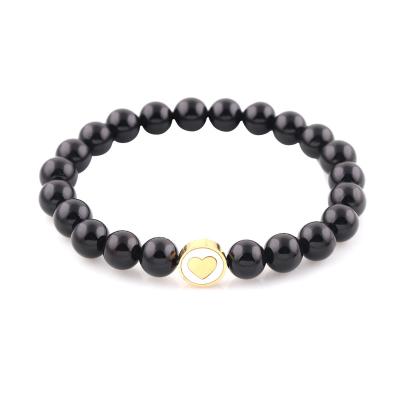 China Stainless Steel Black Gemstone Natural Stone Beads Stretch Bracelet With Steel Beads for sale