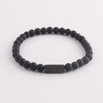 China CLASSIC 6MM Black Frosted Agate Bracelet With Square Black Stainless Steel Beads for sale