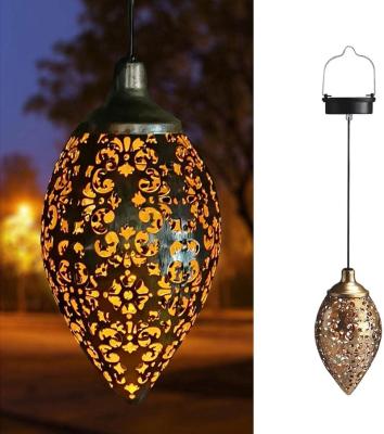 China Garden Droplet Shaped Retro Hollow Solar Lights Waterproof Led Solar Lantern Metal Solar Hanging Lamp for sale