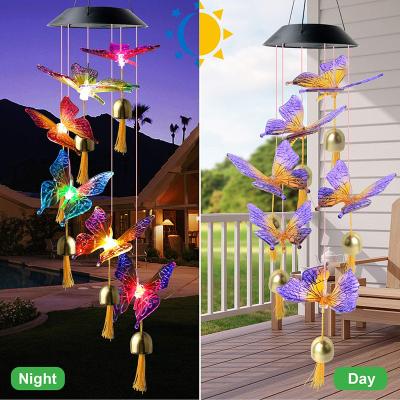 China Patio Porch Garden Decor Angel Windchimes Butterfly Solar Wind Chime Minimalist Movable Hanging Lamp for sale