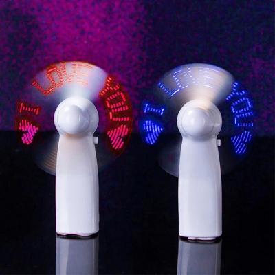 China Preset Promotional Custom Text Logo Led Hand Fan Flash Portable Advertising LED Fan Word for sale