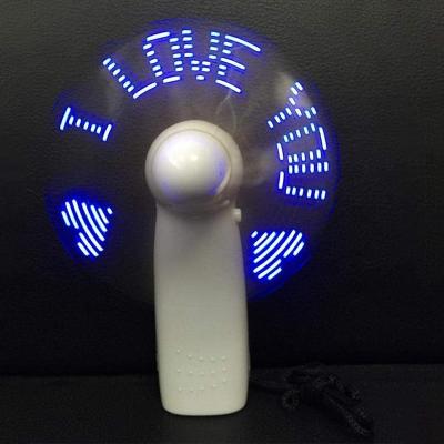 China Portable Flashing Preset Mini Message Fan OEM Logo Printed Custom LED Advertising Business Promotion AAA Text Mini Battery Fans for sale