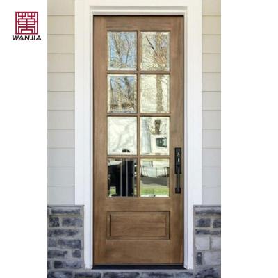 China Sound Insulation WANJIA Custom Main Entrance Wood Glass Panel Door Design Modern Solid Arch Wooden Front Doors for sale