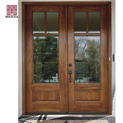 China Sound Insulation WANJIA Custom Double Entry Door Modern Design Exterior Glass Solid Wooden Front Entrance Doors for sale