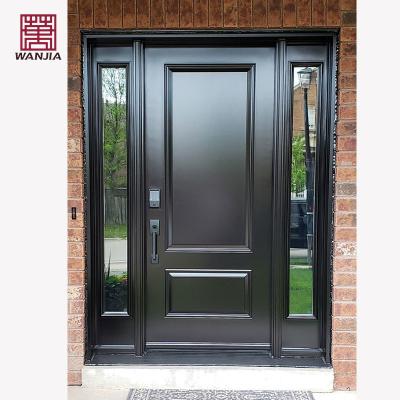 China Sound Insulation WANJIA Customizable Front Solid Wooden Door Sidelites Exterior House Entry Glass Wood Door for sale