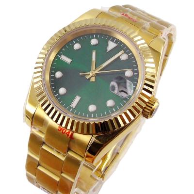 China Hot Selling Products Auto Date Dress Green Dial Fluted Bezel Date Magnifier Yellow Gold Coated NH35A Watch Mens Oyster Band for sale