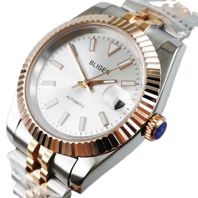 China bliger 39mm dial miyota sapphire gold jubilee luminous pink glass popular white bracelet men automatic mechanical wristwatches for sale