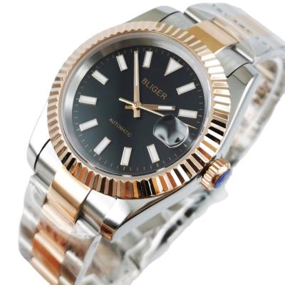 China bliger 39mm miyota dial sapphire gold steel luminous black glass bracelet men automatic mechanical wristwatches for sale