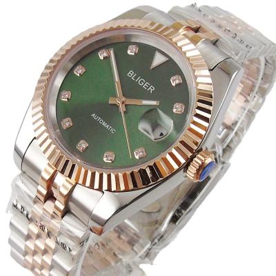 China Miyota green crystal index bliger gold sapphire luminous pink glass strap luminous jubilee automatic mechanical watch for sale