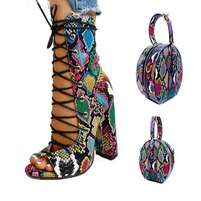 China Anti-odor Dropshipping Women Shoe and Matching Bags High Heel Sandals Snake Printing Purse and Sandals Set for sale