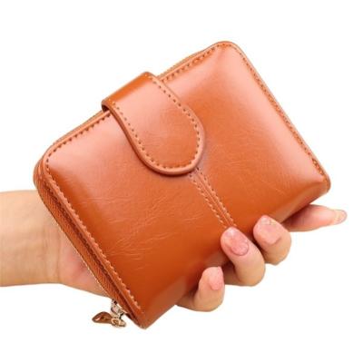 China Wax Waterproof Feminine Leather Women Oil Vintage Short Purse Card Holder Mini Card Coin Purse PU Wallet for sale