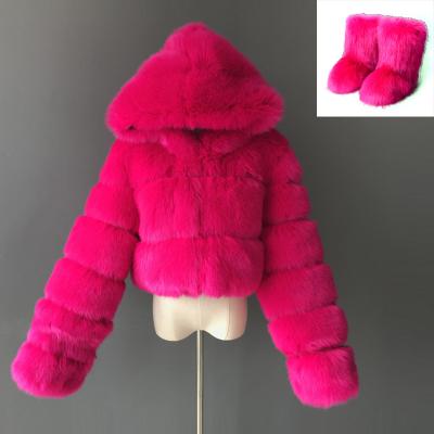 China 2021 Durable Winter Designer Lady Girls Sets Furry Women Shoes Snow Women's Boots With Matching Fur Jacket Coat for sale