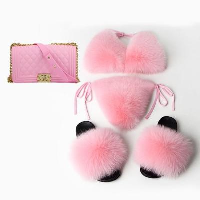 China Wholesale Sexy Breathable Fur Underwear Bikini Swimsuit Color Purse Women Fox Slips Real Hairy Slippers for sale