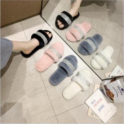 China Fashion Trend Open Toe Printing Flat Warm House Men Women Fur Slippers Slippers for sale