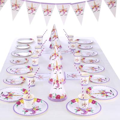 China Wholesale Paper Tableware Disposable Unicorn Party Supplies Paper Set for sale