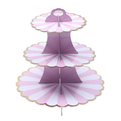 China Hot Sale 3 Tier Corrugated Paper Cupcake Stand Striped Cake Stand Party Cake Viable Customized Folding Tableware for sale