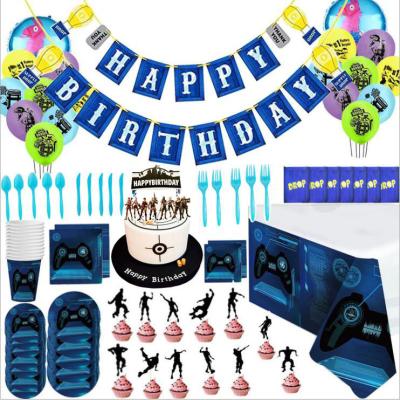 China Amazon Game Theme Tableware Set Tropical Blue Latex Balloon Paper Cup Gilding Happy Birthday Napkin Decoration Table Cloth for sale