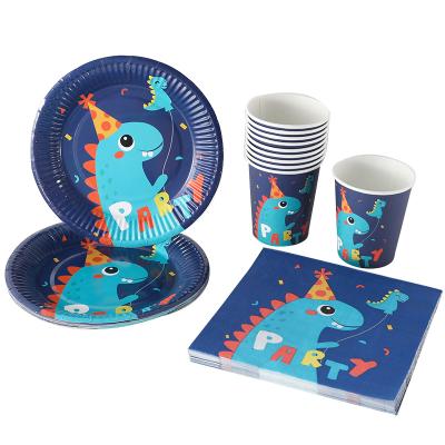 China HOT New Arrival 2021 Classic Cartoon Kid Party Tableware Set Paper Plates Cups Napkins Dinosaur Theme Kid Party Decoration Set for sale