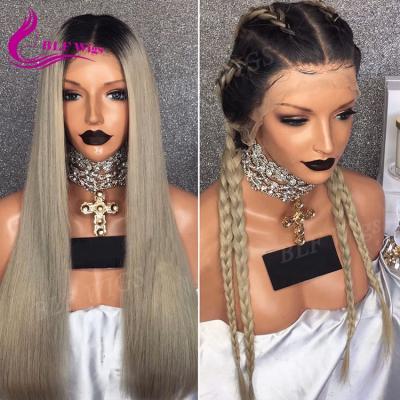 China Silky Straight Lace Front Box Braid Ombre Hair Wig Ombre Ash Blond Remy Brazilian Human Hair Full Wave Straight Hair Lace Wigs for sale