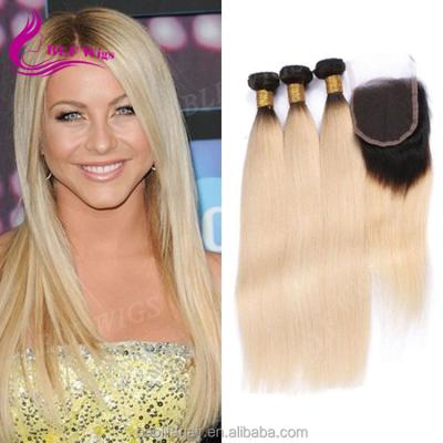 China Silky Straight Wave 8A Grade Blonde Hair Bundles With Lace Closure 1B 613 Ombre Silky Straight Virgin Brazilian Hair Extension for sale