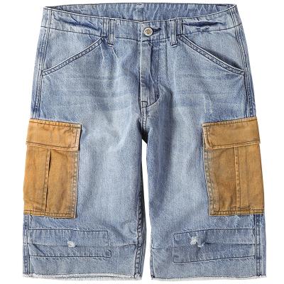 China Breathable Classic Red Five Point Friend Ear Patchwork Denim Shorts Men Khaki Denim Shorts Pants for sale