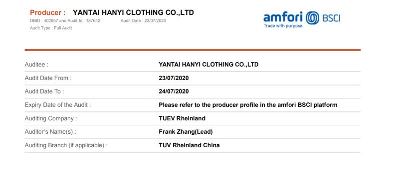 BSCI - Yantai Hanyi Clothing Co., Ltd.