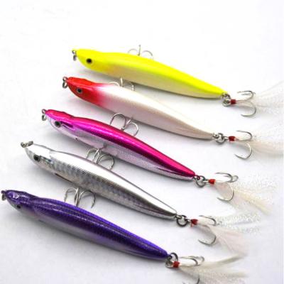 China ABS Plastic Wholesale 9.5cm16g Artificial Pencil Bait Hard Lure With 3D Eyes And Feathers Triple Hooks for sale