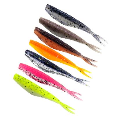 China Pvc Double Color 6cm 1.5g Silicone 3D Eyes Fork Tail Fish Soft Plastic Fishing Lures Artificial Baits for sale