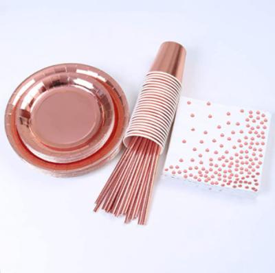 China Industrial Disposable Gold Dots Tableware Degradable Paper Party Set Cups Plates Straws Napkin for sale