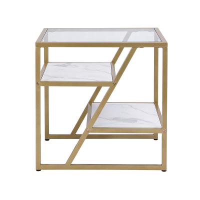 China Storage tempered glass with metal frame gold coffee table storage side shelf suitable for living room and bedroom for sale