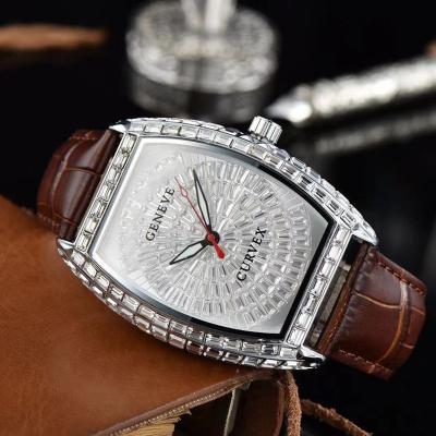 China Luxury Diamond Setting Stainless Steel Case Day/Date Leather Strap Wrist Watches Men Quartz Watch for sale