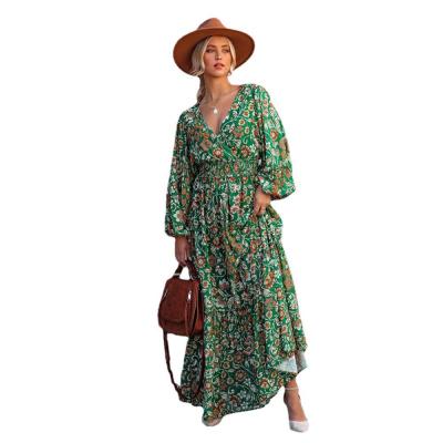 China New 2022 Turkey Dubai Formal Daily Casual Spring Lantern Backless Splicing Dress Muslim And Printing Summer Fashion Long V-Neckline Long Sleeve for sale